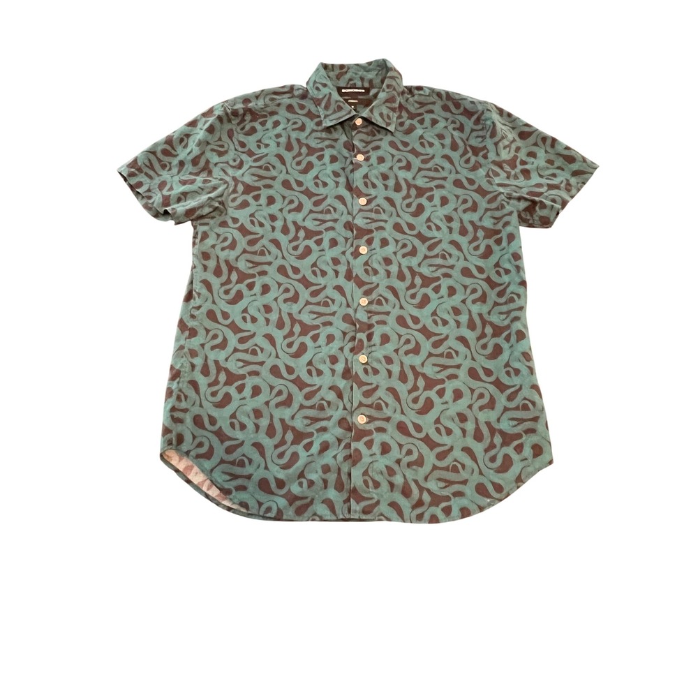 Bonobos Mens Standard Fit Short Sleeve Button Down Shirt Teal Black Snake Prin M